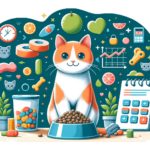 Lower your cat food costs: Cute colorful cartoon cat surrounded by cat food and calculators and charts and graphs.