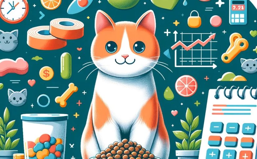 Lower your cat food costs: Cute colorful cartoon cat surrounded by cat food and calculators and charts and graphs.