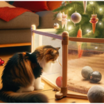 Cat blocked from a Christmas tree by a screen.