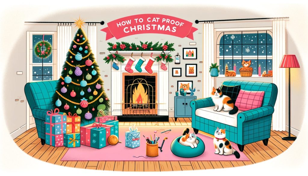 A cozy living room decorated for Christmas with several cats lounging around the room.