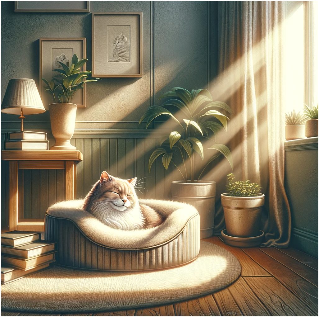 A senior cat sleeping in an orthopedic cat bed in a shaft of sunlight