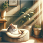 A senior cat sleeping in an orthopedic cat bed in a shaft of sunlight