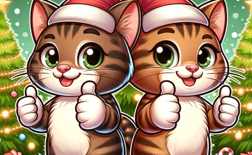 Two cartoonish brown tabby cats making a thumbs up gesture.