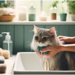 Cat getting a bath in a sink