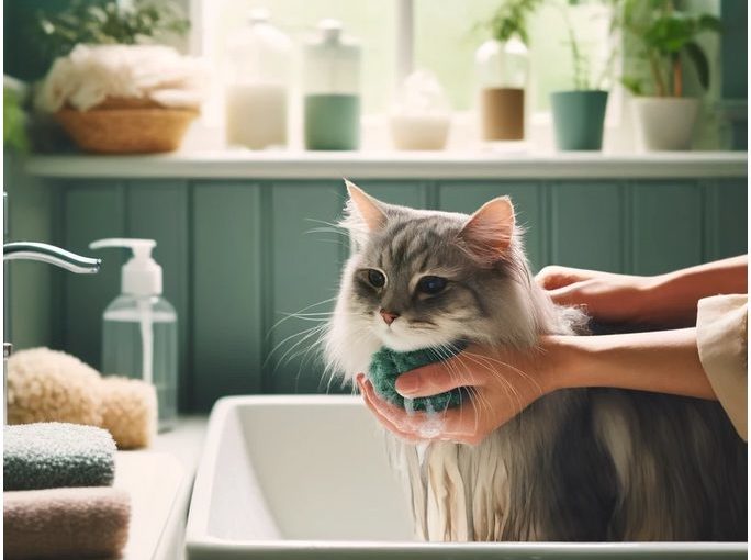 Cat getting a bath in a sink