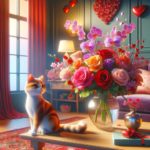 A cat sits on a table gazing up at a gorgeous bouquet of roses and orchids