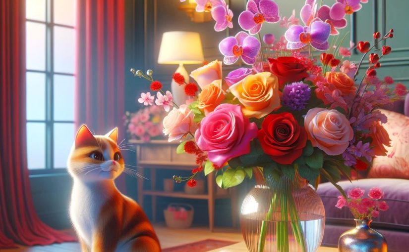 A cat sits on a table gazing up at a gorgeous bouquet of roses and orchids