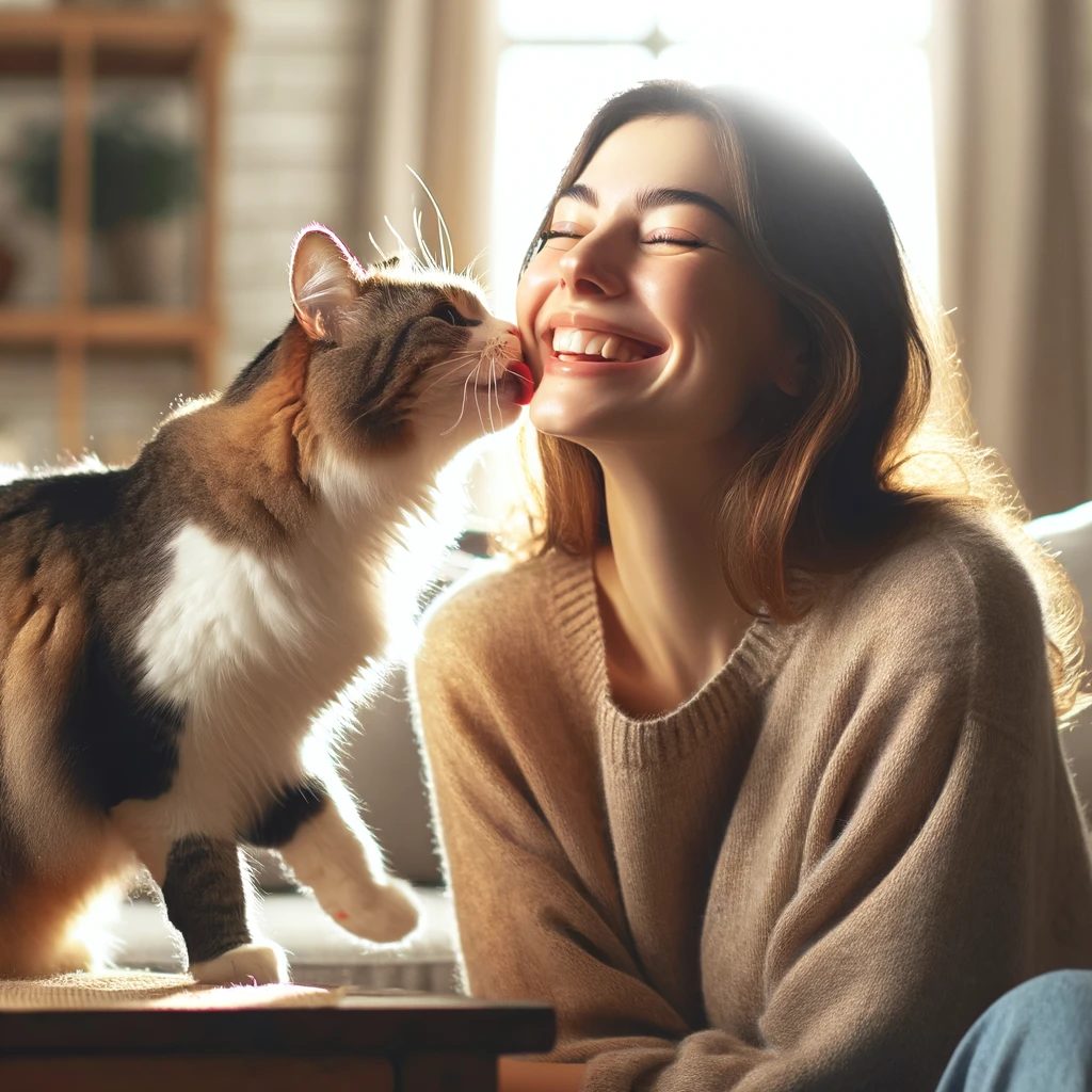 Cat licking the face of a smiling young woman