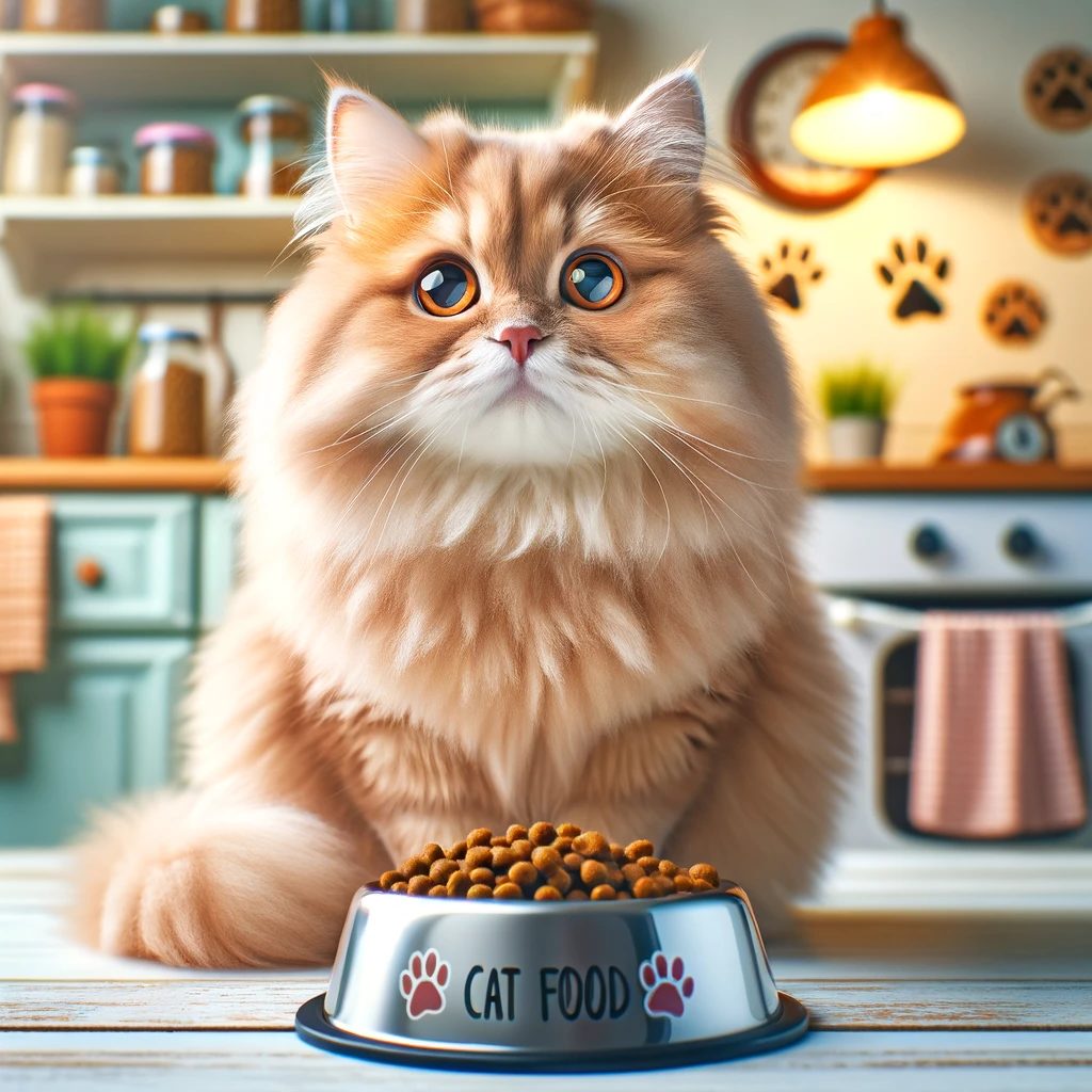 Cute fluffy cat sitting in front of a bowl of food and looking concerned