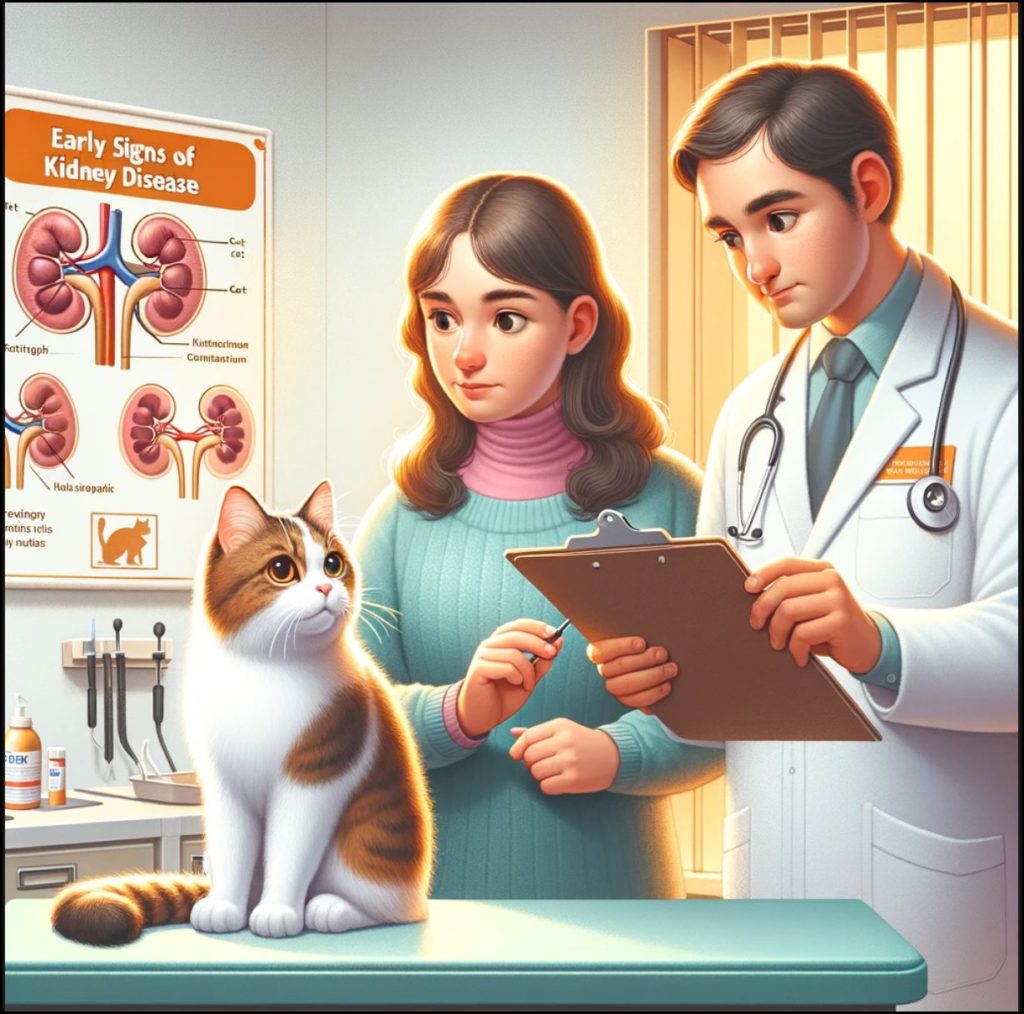 A cute illustration of a cat being examined by a vet and vet tech for kidney disease.