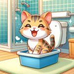 An adorable kitten in a bathroom using a cat litter box.