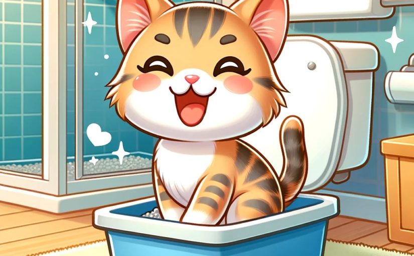 An adorable kitten in a bathroom using a cat litter box.