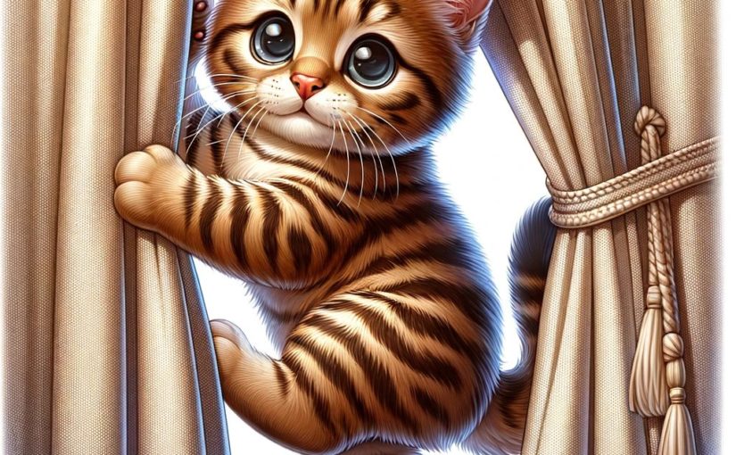 An adorable brown tabby kitten getting ready to climb a curtain.