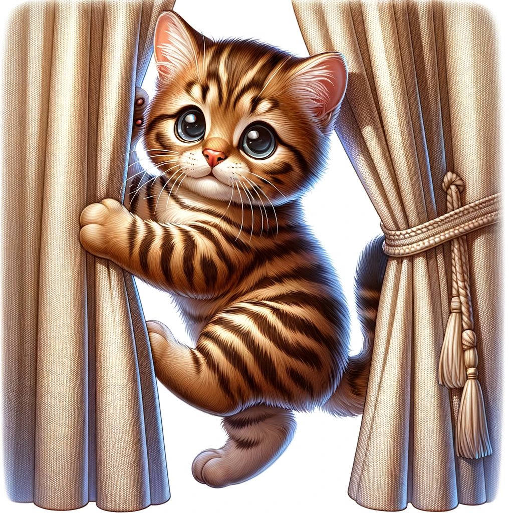 An adorable brown tabby kitten getting ready to climb a curtain.