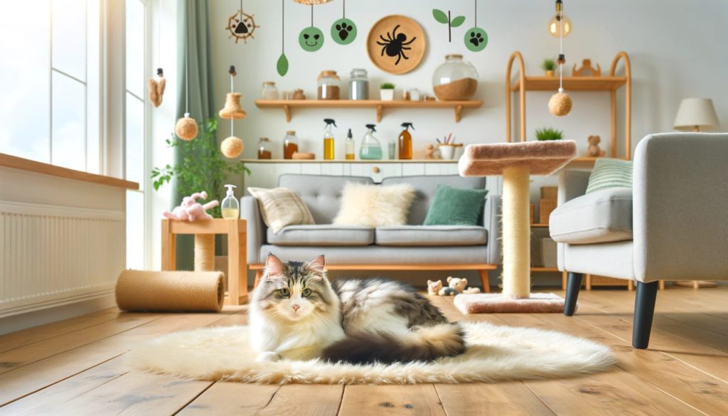 A cat sitting on a rug in front of shelves filled with natural flea remedies