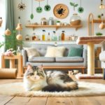 A cat sitting on a rug in front of shelves filled with natural flea remedies