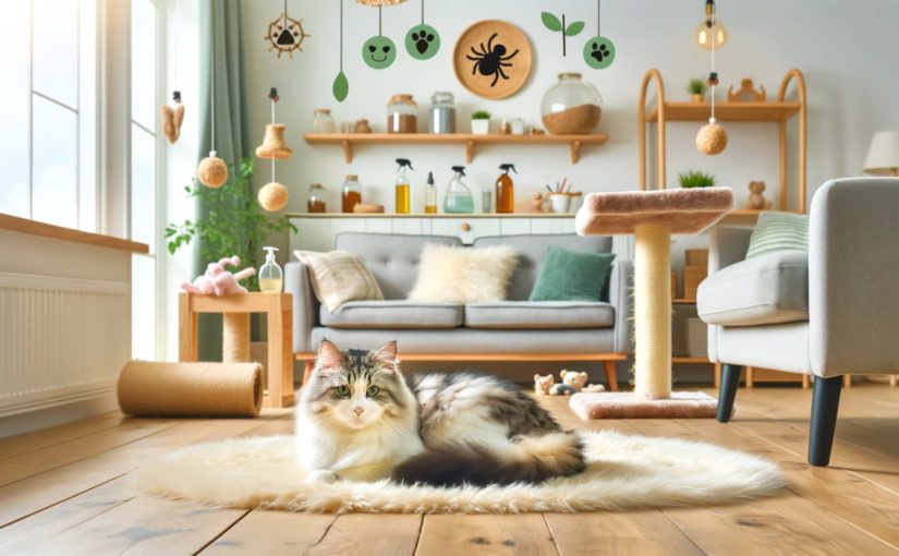 A cat sitting on a rug in front of shelves filled with natural flea remedies