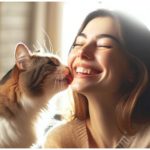 Cute cat licking a young woman's face