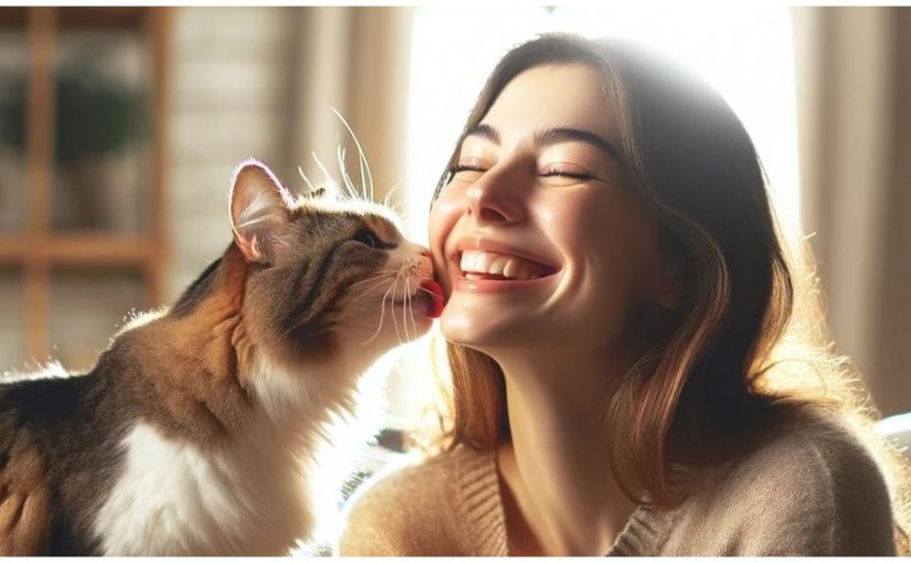 Cute cat licking a young woman's face