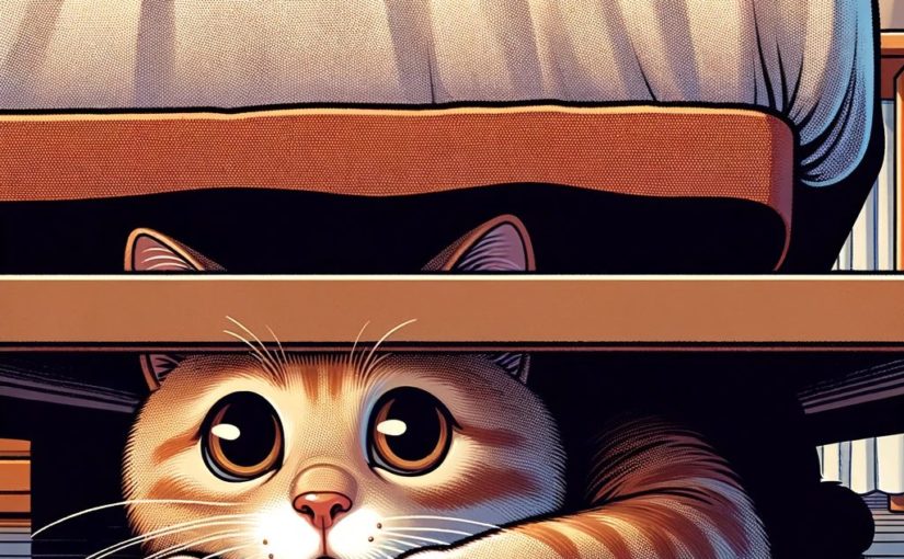 A red tabby cat peeking out apprehensively from under a bed