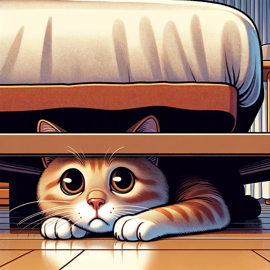 A red tabby cat peeking out apprehensively from under a bed