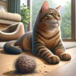 An illustration of a cat sitting next to a hairball.