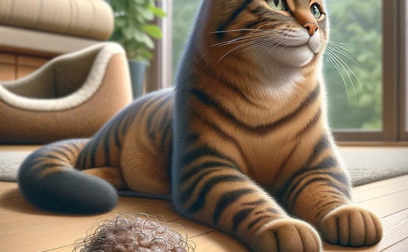 An illustration of a cat sitting next to a hairball.