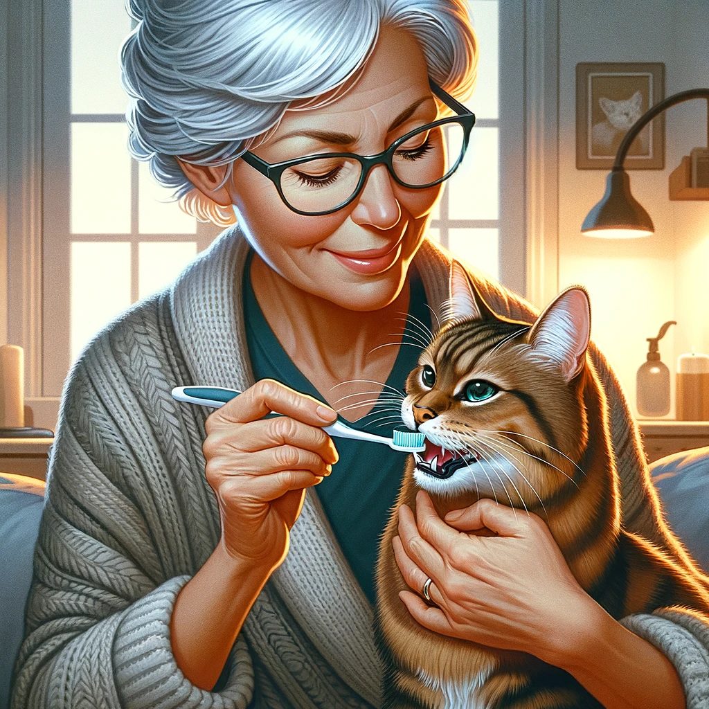  An illustration of an older woman cleaning the teeth of a brown tabby cat