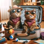 A humorous illustration of two brown tabby cats in sunglasses sitting in an open suitcase