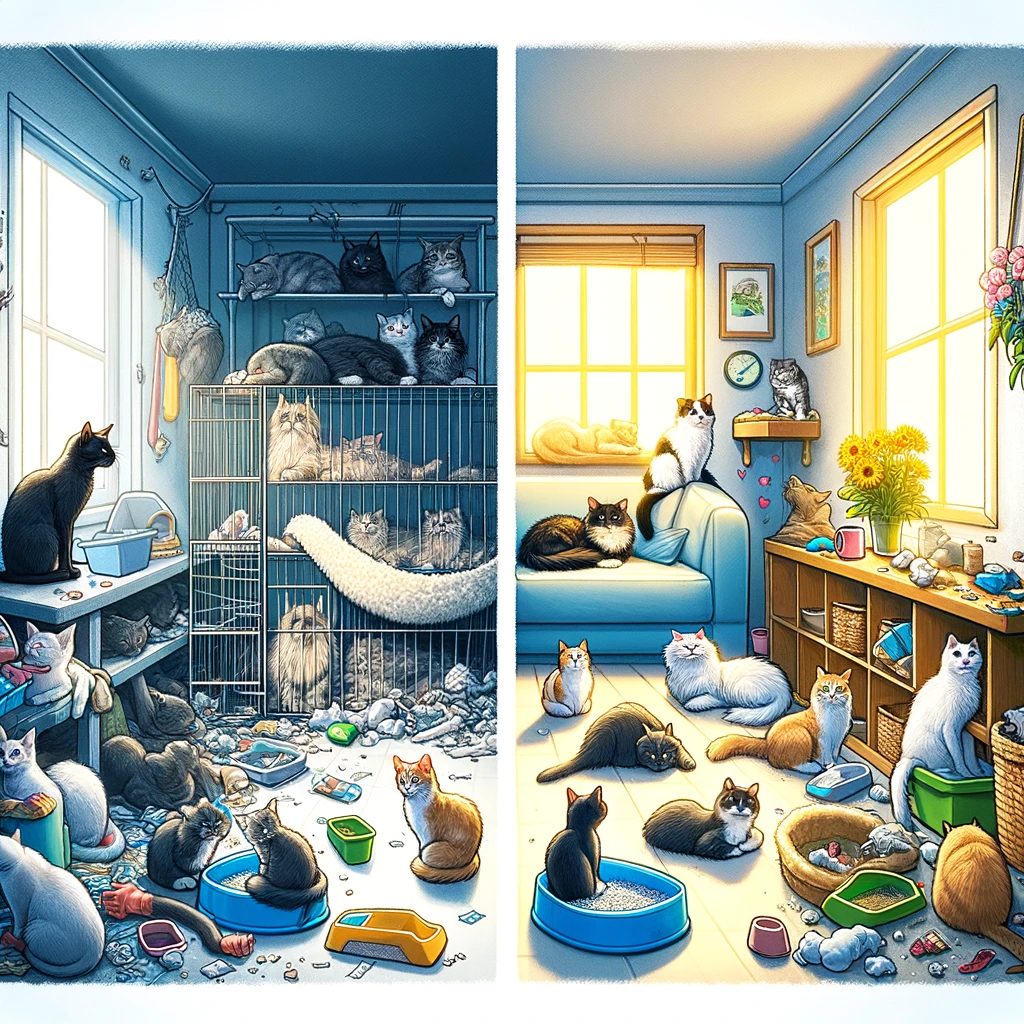 A graphic illustration of a cat hoarding situation compared to a home that just has several cats