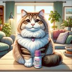 A chunky brown tabby looking comfortable next to a bottle of Benadryl that quieted his itches.