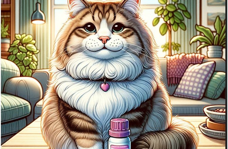 A chunky brown tabby looking comfortable next to a bottle of Benadryl that quieted his itches.