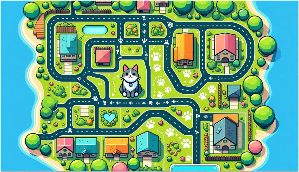 A top down neighborhood map with little paw prints showing where the cat has been.