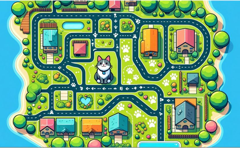 A top down neighborhood map with little paw prints showing where the cat has been.