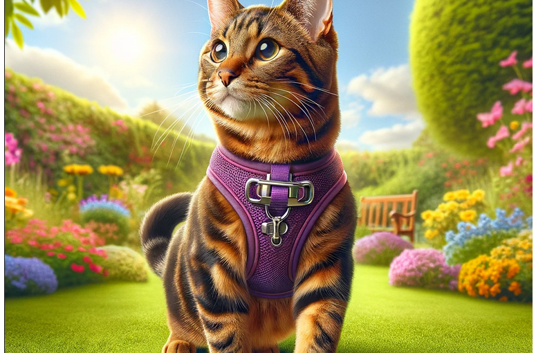 A brown tabby wearing a purple vest style harness in a bright, sunny garden.