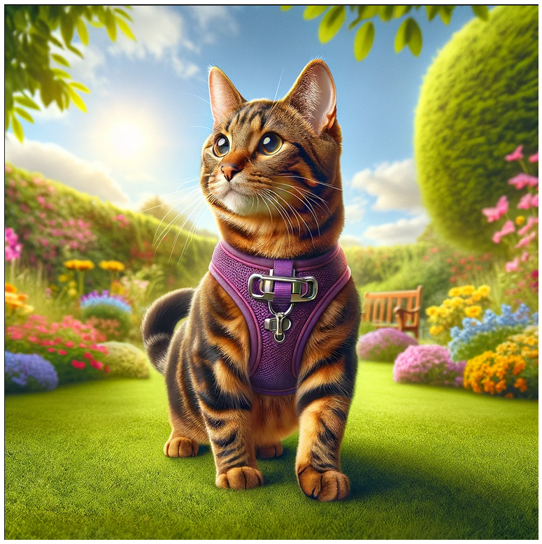 A brown tabby wearing a purple vest style harness in a bright, sunny garden.