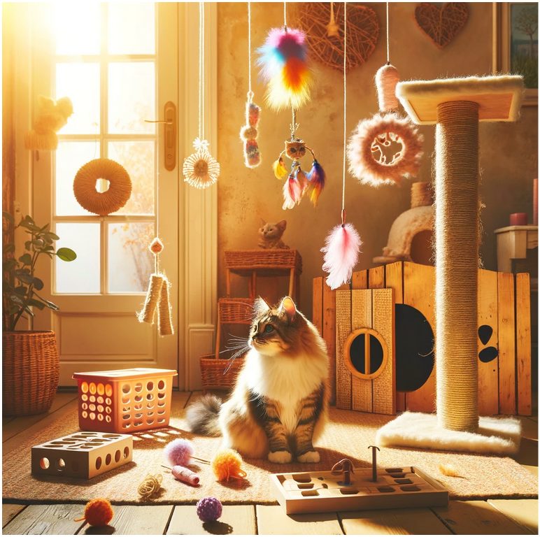 Cat surrounded by homemade cat enrichment toys