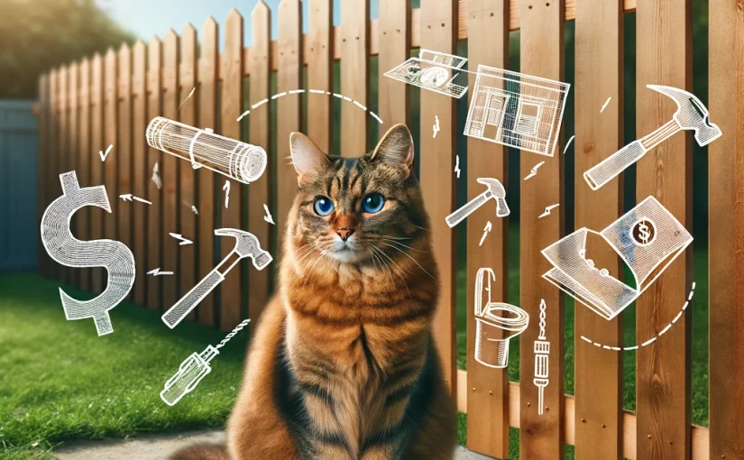 A brown tabby sitting next to a wooden fence with images of dollar signs, blueprints and tools floating around him.