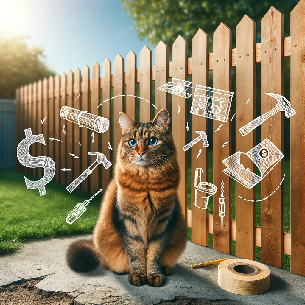 A brown tabby sitting next to a wooden fence with images of dollar signs, blueprints and tools floating around him.