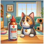 A funny cartoon illustration of a tabby cat looking deeply concerned as it looks a bottle labeled Dog Flea Medication.