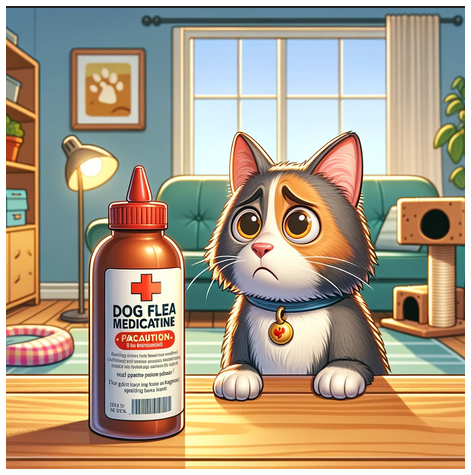 A funny cartoon illustration of a tabby cat looking deeply concerned as it looks a bottle labeled Dog Flea Medication.