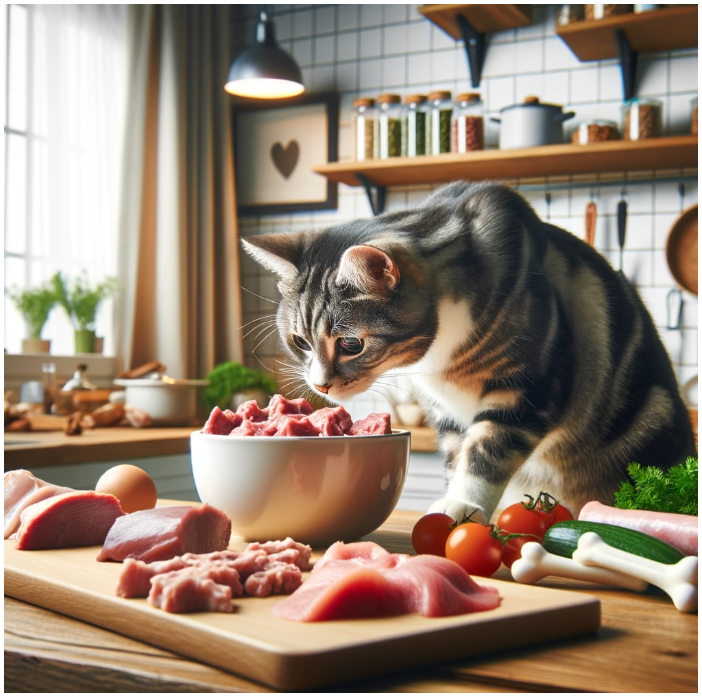 A brown tabby inspecting a selection of raw meats on a counter.