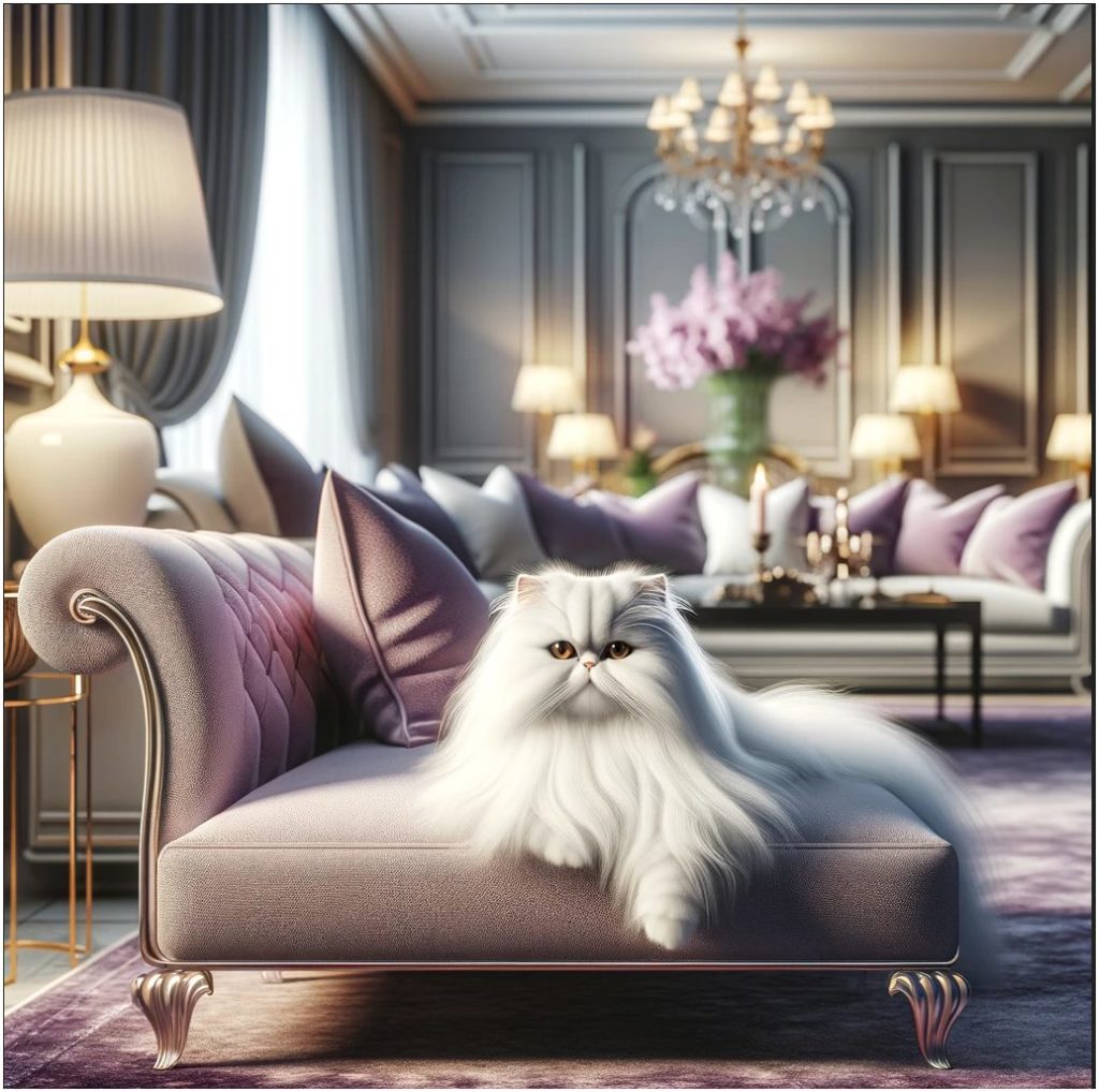 A white Persian cat lounging on a mauve sofa in an elegant livingroom