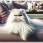 White Persian on a mauve sofa