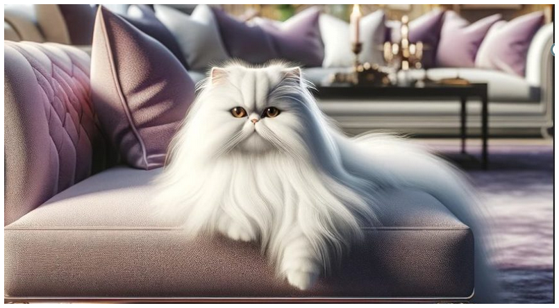 White Persian on a mauve sofa