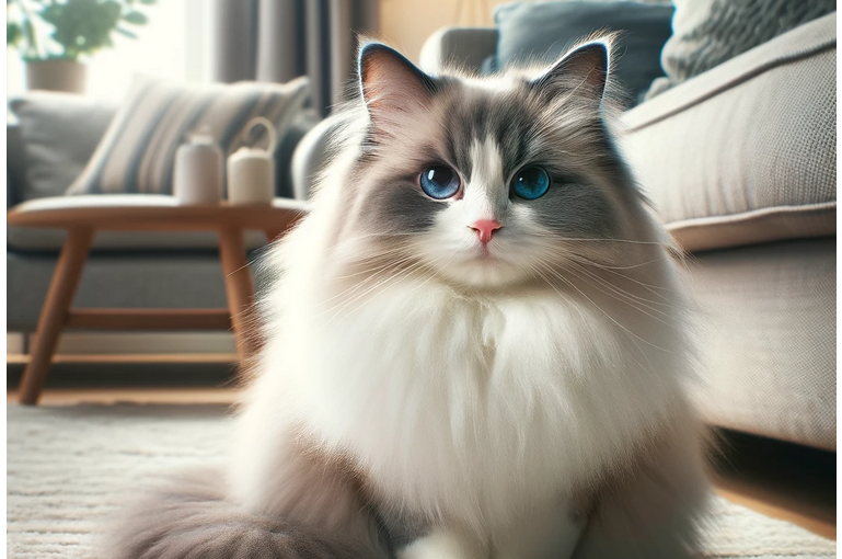 A picture of a Ragdoll cat just chillin' by a couch.