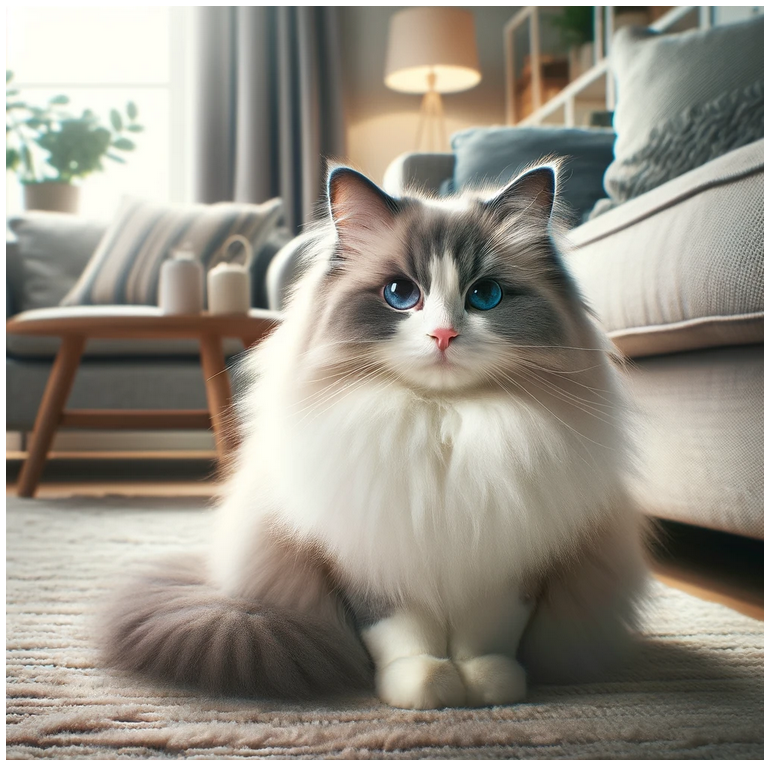 A picture of a Ragdoll cat just chillin' by a couch.