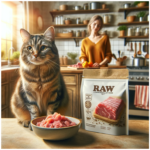 A brown tabby sitting on a kitchen counter with a bowl of homemade raw cat food and a packet of commercial raw cat food