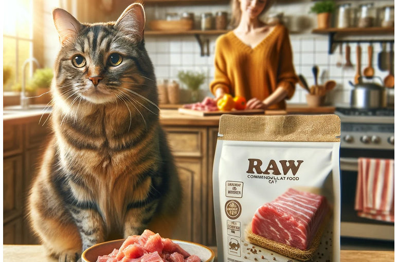 A brown tabby sitting on a kitchen counter with a bowl of homemade raw cat food and a packet of commercial raw cat food