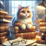 Brown tabby cat sitting on law books